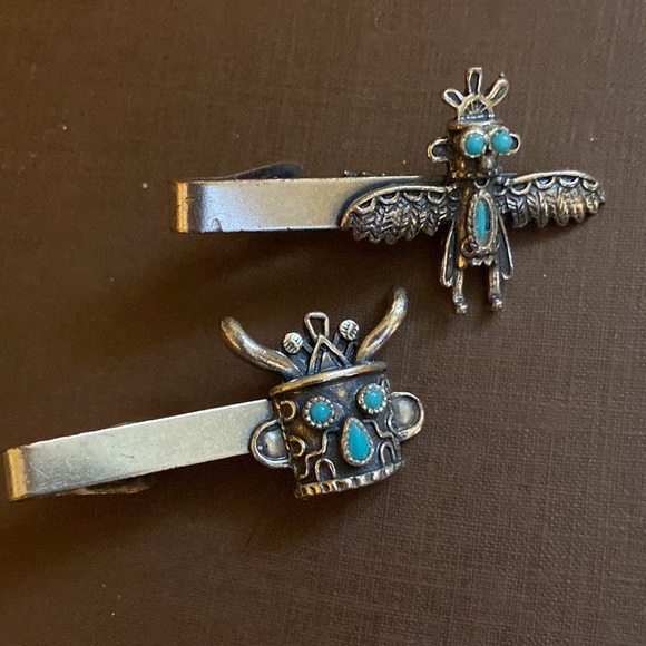 Vintage Native American kachina eagle dancer turquoise silver tone tie clip - Picture 2 of 12